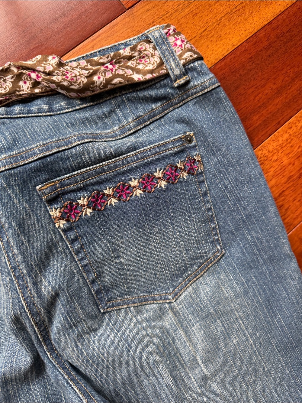 LOFT Blue Flare Jeans with Patterned Waist Scarf Embroidered back Pockets - Picture 9 of 10